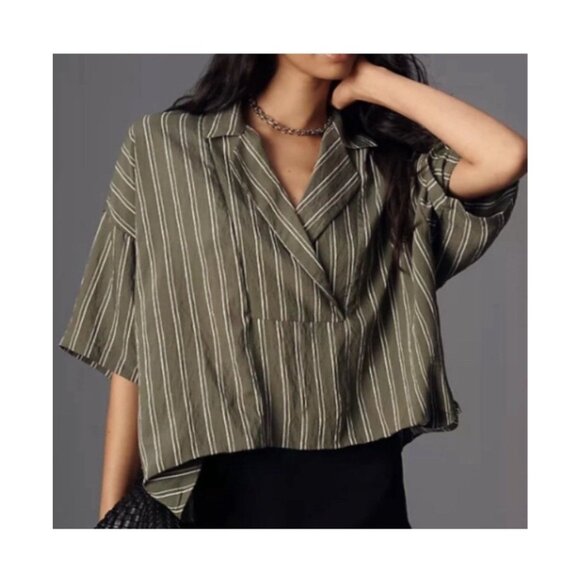 By Anthropologie Size Small Green Dylon Short Sleeve Wide Placket Stripe Blouse - Picture 2 of 9